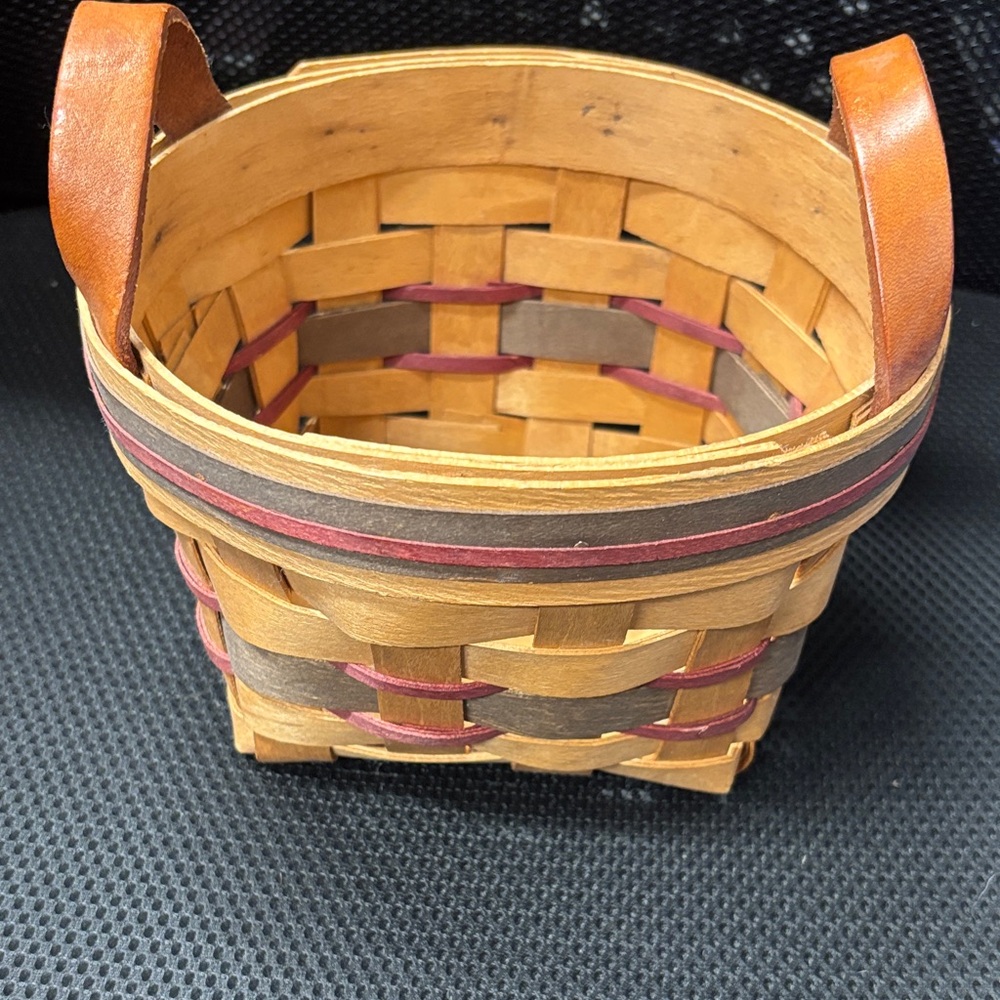 Woven Wood Basket with Leather Handles - Natural, Brown & Red Accents